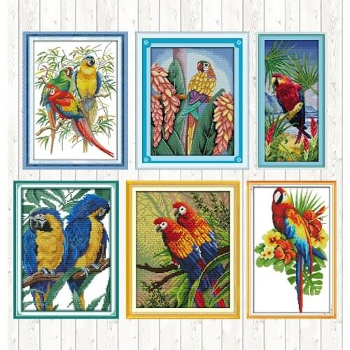 Scarlet Macaw DIY Handmade Needlework Embroidery Cross Stitch Sets 14ct 11ct Count Print Canvas DMC Cotton Thread Printed Canvas