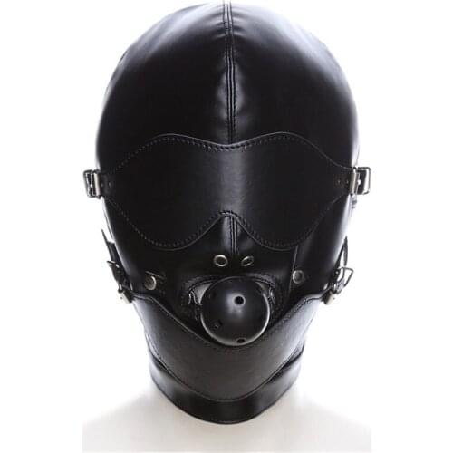 BDSM Headgear Sex Eye Mask Ball Blindfold Mouth Plug Hood PU Leather Slave Open Gag with Full Closed