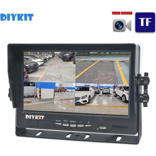 DIYKIT 1024*600 AHD 7" 4 Split Quad IPS Screen Rear View Car Monitor Support 4 x 960P AHD Camera with SD Card Video Recording