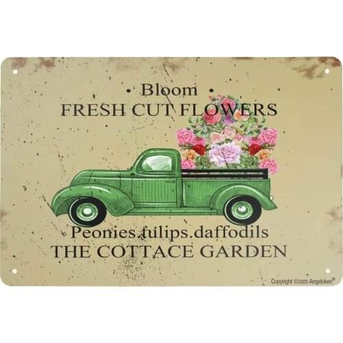 Retro Tin Sign Vintage Metal Sign Truck with Bloom Fresh Cut Flowers Wall Poster Plaque for Home Kitchen Bar Coffee Shop