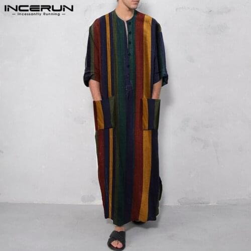 INCERUN Men Ethnic Robes Vintage Striped Long Sleeve Muslim Kaftan Robes Button Jubba Thobe Pockets Dubai Arabic Clothing S-5XL7