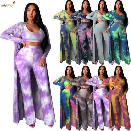 HAOOHU Knit Rib Sets 3 Pieces High Elastic Long Sleeve Cloak Tie Dye Print Tank Tops High Waist Straight Pants 2021 Autumn Suits