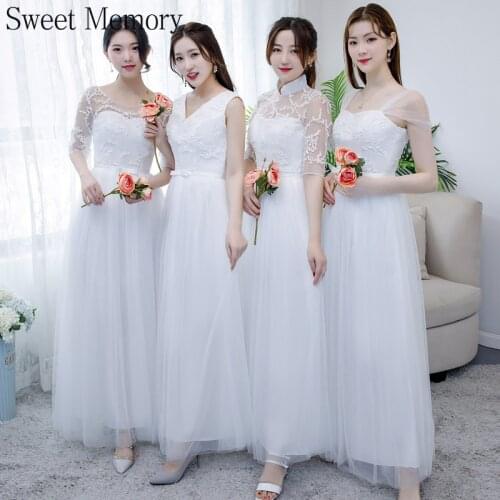 J184 Custom Made Long White Bridesmaid Dresses 2021 Women Summer Vestidos Floor-Length Lace Up Wedding Party Dress Sweet Memory