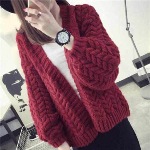 2021 Autumn Winter Womens Retro Solid Color V-neck Knitted Cardigan Female Loose Twist Sweater Coats Lady Fashion Clothes H1066