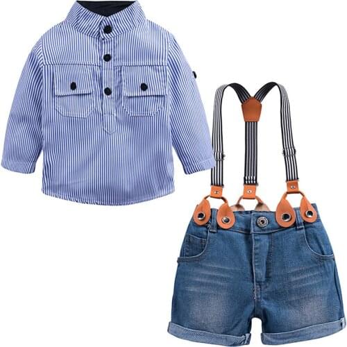 Toddler Clothing Set Summer Baby boy Suit Bib Short jeans+Children Long sleeve striped shirt Two piece suit For 1-6 Years Old