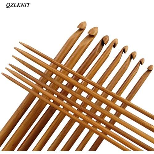 QZLKNIT 14 sizes 35cm Carbonized Bamboo Afghan Tunisian Crochet Hook one hook and one knitting DIY Sweater knitting craft needle