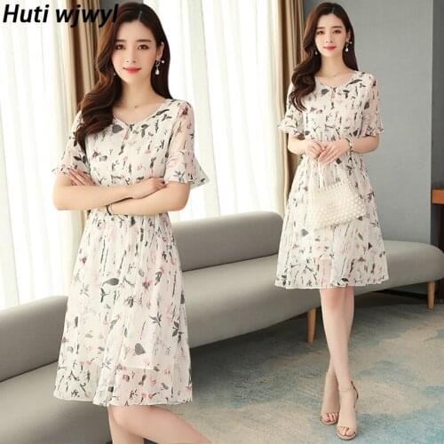 Summer Plus Size Floral Chiffon Sundress Elegant Women Beach Midi Bodycon Short Sleeve Vestidos 2021 Vintage Print Boho Dresses