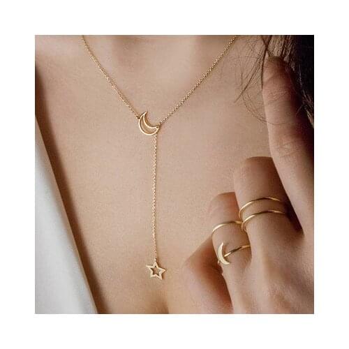 2020 Fashion Alloy Zinc Long Chain Necklace Women Jewelry Moon And Star Gold Choker Necklace Pendant