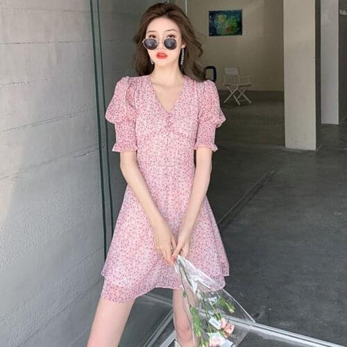 New Arrival Fashion Summer Beach Mini Dress Ladies Casual Elegant Sweet Vintag V-Neck Puff Sleeve Floral Print Buttons Sundress