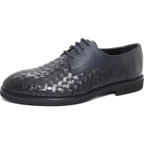 SHENBINS Handmade Woven Leather Dark Navy Blue Derby Shoes with Extra Light Soles, Shenbins Exclusive Mens Footwear