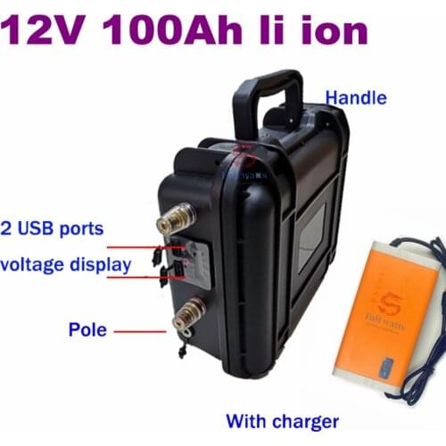 Waterproof 12v 100ah lithium battery 12v 100ah li ion 100A discharge USB Solar Energy Storage golf cart pure sine + 10A charger