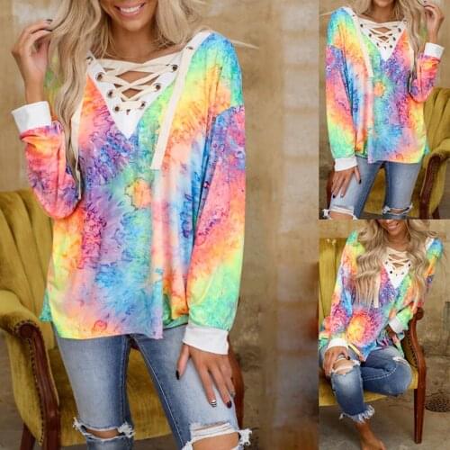 Women Long Sleeve Trendy Tie-dye Colorful Printing Sexy Cross V-neck T-shirt Fashion Retro Casual Daily All-match Lovely Top
