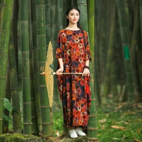 Women Clothing New Chinese original leisure thin Dress silk cotton flower Large size Clothing Half sleeve cool loose Robe Dress