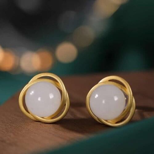 Pure S925 Silver Earrings Women White Jadeite Hetian Jadeite Beads Stud Earrings