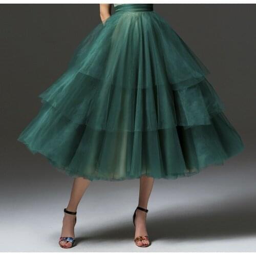 High Street Green Ruffles Tiered Tulle Skirts Women 2019 Ankle Length Fashion Tutu Skirt Zipper Saias Faldas Mujer Moda 2018