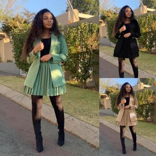 2021 Fashion Women Blazer and Pleated Skirt Set Long Sleeve Office Lady Solid Color Two Piece Suit Large 3XL Business