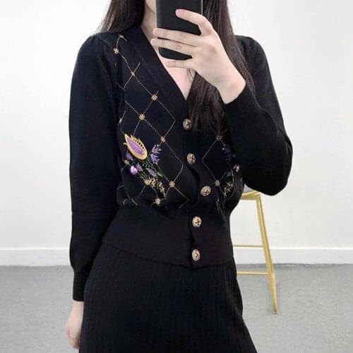 Embroidery Knit Cardigan Women Long Sleeve V-neck Slim Cardigan Sweater 2021 Autumn Sweater Coat Knitwear