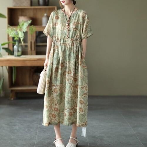 Women Cotton Linen Casual Dress New Arrival 2021 Summer Arts Style Vintage V-neck Print Loose Ladies A-line Long Dresses B723