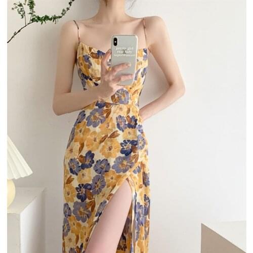 GGRIGHT Print Sleeveless Women Off Shoulder Dress Summer Side Split Korean V Neck French Floral Fashion Holiday Dresses