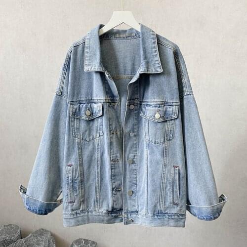 Womens Slim Medium Length Loose Denim Coat Women Long Sleeve Outerwear Top Women Casual Loose Street Jean Jacket Coat