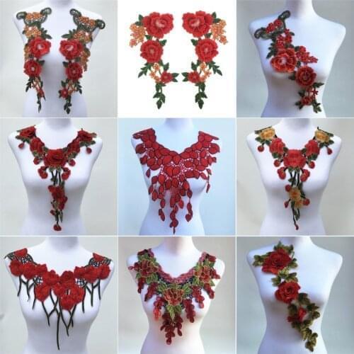 1Pc Red Color Venise Lace Fabric Dress Applique Motif Blouse Sewing Trims DIY Neckline Collar Costume Decoration Accessories