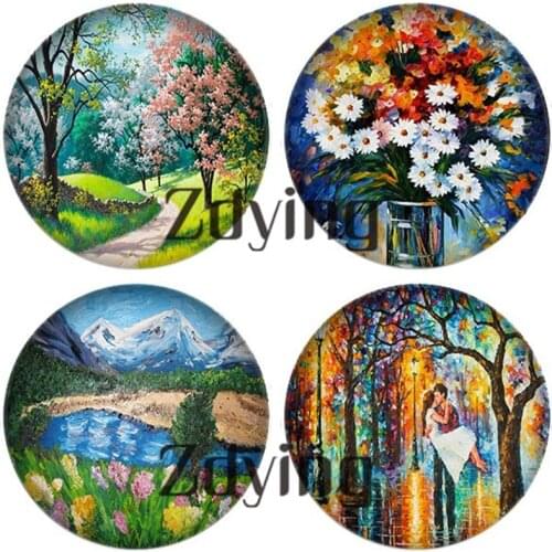 10pcs/lot Colorful Tree Flowers Scenery Oil Painting Pattern Round Glass Cabochon Beads Demo Flat Back Making Jewelry Findings