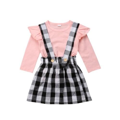 2Pcs Newborn Toddler Baby Girls Tops Plaid Suspender Skirt Outfits Clothes Size 1-5T