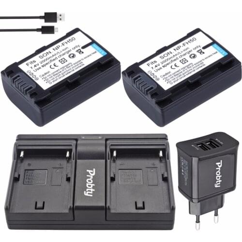 2Pcs Probty NP-FH50 NP FH50 Battery + USB Dual Charger for Sony DCR-HC20 DCR-HC21 DCR-HC26 DCR-HC28 DCR-HC30 DCR-HC32 DCR-HC36