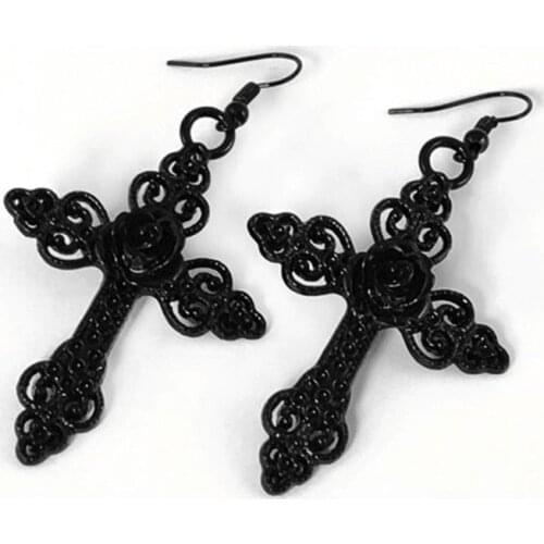 2021 Gothic Cross Earrings with Black Rose Detail Trad Goth Creativity Punk Fashion Jewellery Unique Big Pendant Women Gift New