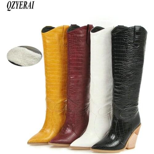 Black Yellow White Knee High Boots Western Cowboy Boots for Women Long Winter Boots Pointed Toe Cowgirl Wedges Motorcycle Boots