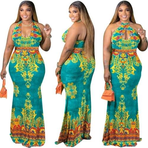 Cutubly Plus Size Party Maxi Dresses Print New Fashion Casual Summer Dresses Elegant Halter Hollow Out Club Dress For Women