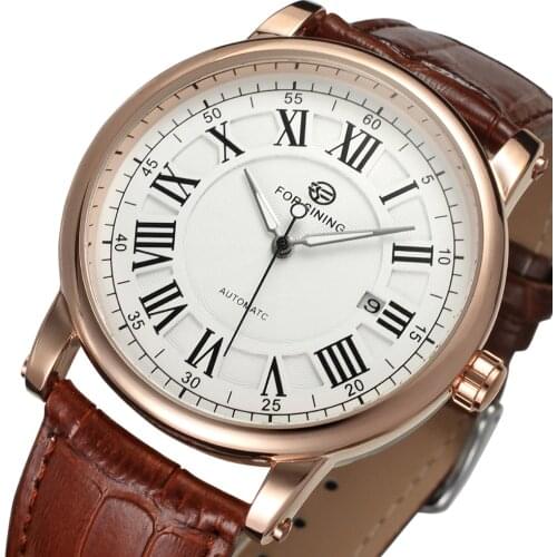 FORSINING Brand Luxury Men Automatic Watches Rome Auto Date Gold Case Business Mechanical Watch Brown Leather Mens Dress Clock