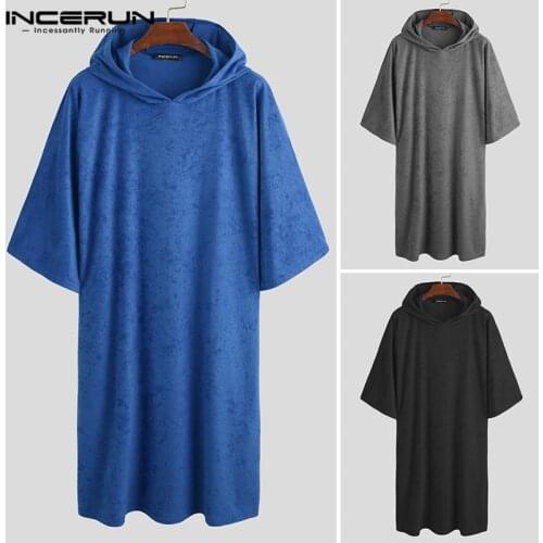 Men Bathrobes Solid Hooded Half Sleeve Leisure Towel Robes Comfortable Homewear Mens Nightgown Bathrobes Poncho INCERUN S-5XL