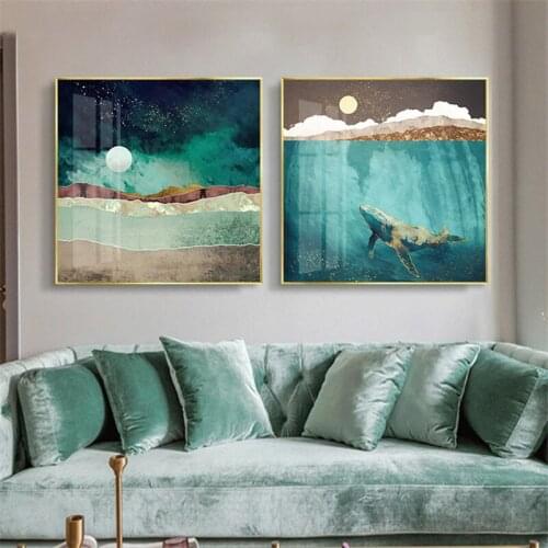 Colorful Geometry Abstract Square Landscape Mountain River Sun Canvas Nordic Painting Wall Picture Poster Living Room Decoration