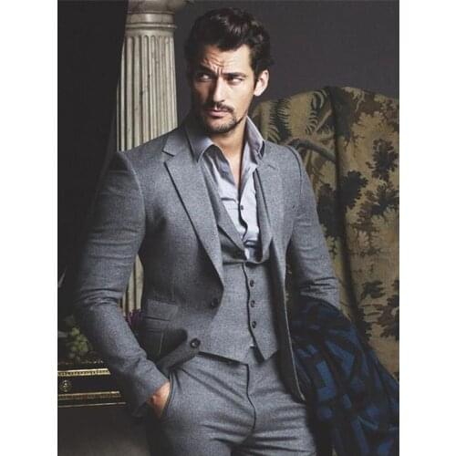 ANNIEBRITNEY Grey 3 Piece Slim Fit Men Fashion Suit Cutsom Groom Wedding Tuxedo Prom Wedding Tailor Made Men Suit With Pants