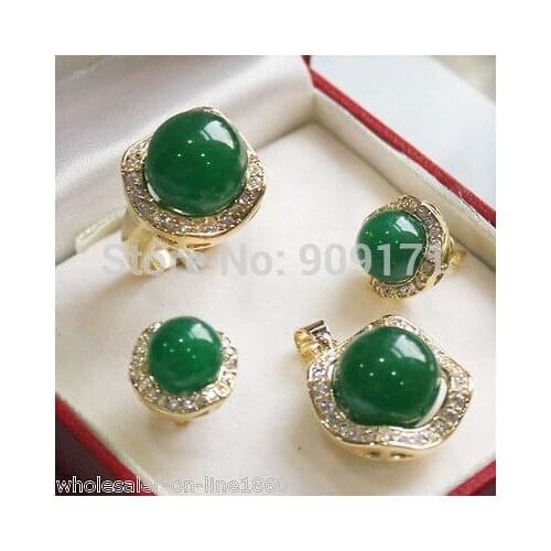 10mm &14mm Natural Emerald Jade Earrings Ring Necklace Pendant Set gild jewelry