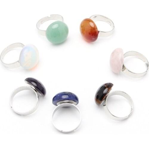 Round Reiki Natural Stone Finger Ring for Men Women Pink Quartz Tiger Eye Lapis Lazuli Adjustable Ring Jewelry Gifts