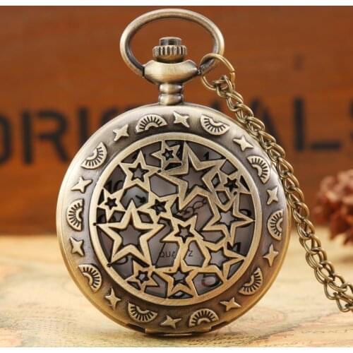 Bronze Hollow Five-pointed Star Quartz Pocket Watch Retro Necklace Chain FOB Clock Pentagonal Stars Pendant Gifts for Men Women