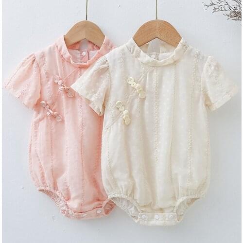 Summer Toddler Baby Girl Romper Baby Girls Clothes Jacquard Stand Collar Cotton Short Sleeve Infant Baby Girls Jumpsuit