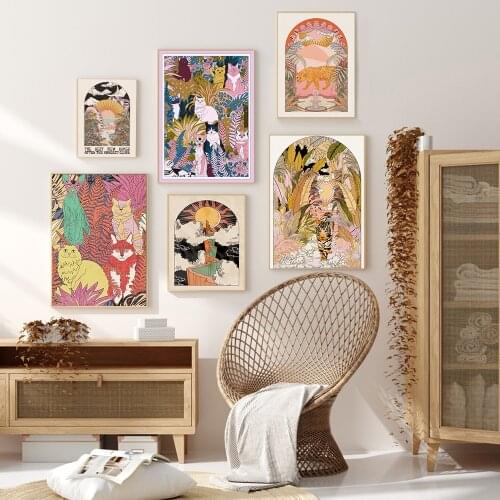 Tropical Plants Nordic Posters Garden Cats and Tiger Retro Wall Art Canvas Painting Sun Mountain Pictures For Living Room Decor