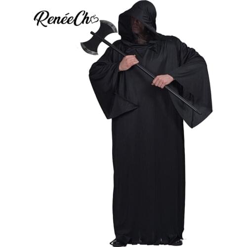 Reneecho Halloween Costume For Adult Black Long Hooded Cape Men Grim Reaper Costume Carnival Party Cosplay Men Costume For Purim