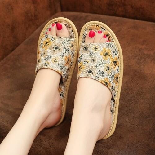 Womens Summer Floral Prints Indoor Slippers Breathable Cotton Linen Couples Home Slippers Camouflage Anti-Slip Men Slippers