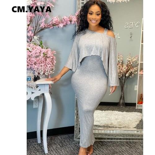CM.YAYA Women Set Solid Sleeveless Skinny Split Long Dress Half Sleeve Loose Crop Tops Two 2 Piece Sets Fashion Outfit Summer