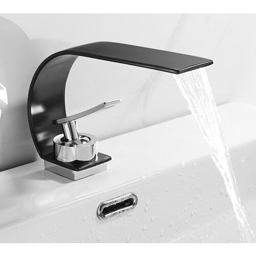 Black & Chrome Bathroom Basin Faucets Brass Hot & Cold Kitchen Sink Mixer Crane Taps Single Handle Waterfall Type C Shape