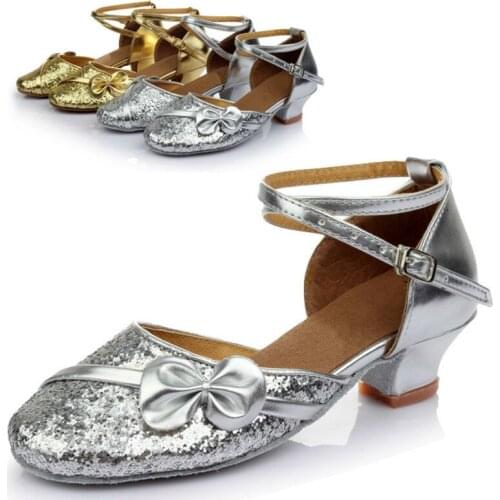 Girls Kids Women Dance Shoes Closed Toe 4 Colors Sequin Red Pink Gold Silver Women Ballroom Tango Salsa Latin Dance Shoes