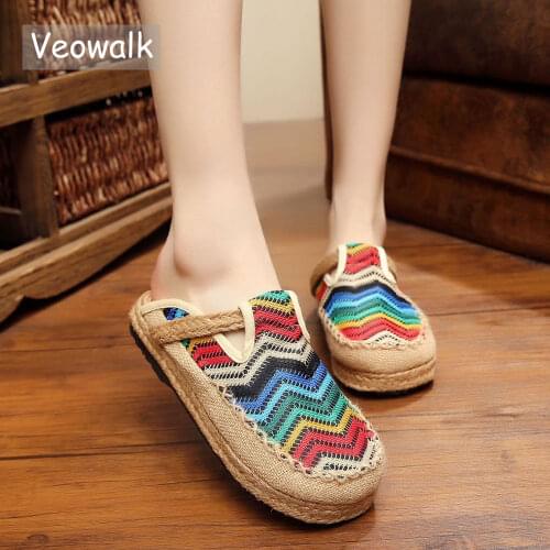 Veowalk Womens Linen Thailand Embroidery Flat Slippers Summer Fashion Vintage Ladies Chinese Style Casual Cotton home Shoes