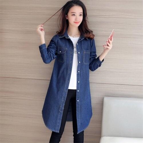 2019 Spring Autumn Women Denim Jacket Long Basical Jeans Jacket Full Sleeves Single Breast Slim Loose Casual Washed Coat R215