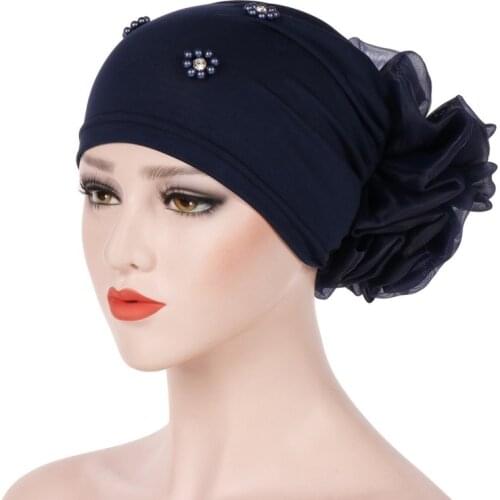 Hijabs Women Europe and the United States Flower Hat Oversized After Wearing A Flower Headscarf Cap Solid-Color Nail Beaded Head