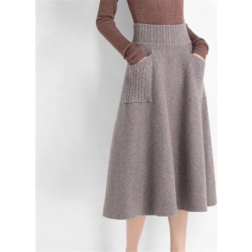 High Waist Women Winter Wool Knitting Long Skirts Faldas Jupe Femme Saia Korean Office Ladies Vintage Black Skirt With Pocket