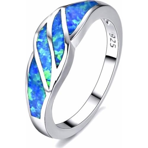High Quality Elegant Women 925 Sterling Silver Rings Classic Blue Opal Silver 925 Leaves Rings Gifts